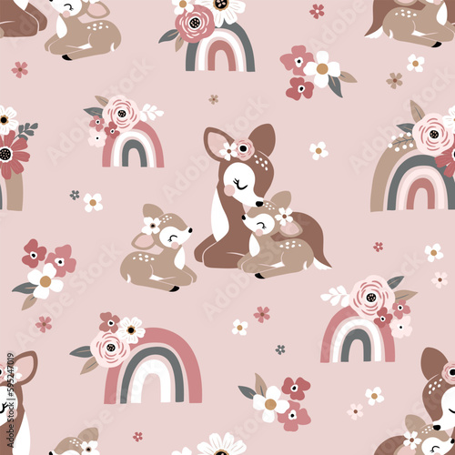 Seamless vector pattern with cute vintage deer, mom and baby fawn with rainbows and tiny flowers. Perfect for textile, wallpaper or nursery print design.