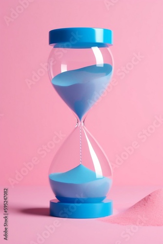 hourglass with blue sand on pink background. generative AI