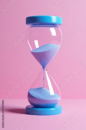 hourglass with blue sand on pink background. generative AI