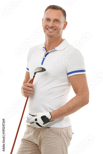 Golf, happy and portrait of man with club on isolated, png and transparent background ready for game. Sports, golfing and senior male golfer carry ball and driver for workout, exercise and fitness