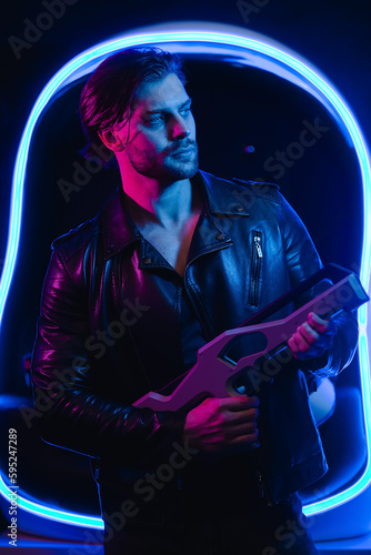 Handsome man in cyberpunk style with a machine gun in his hands in the dark. A guy in a leather jacket in the scenery of the future in neon color.