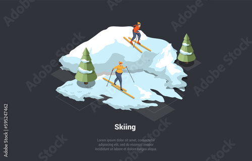 Winter Holidays, Family Christmas And New Year Vacations Concept. Man And Woman Skiing Downhill. Professional Mountans Ski Competitions Or Skiing In Forest. Isometric 3D Cartoon Vector Illustration