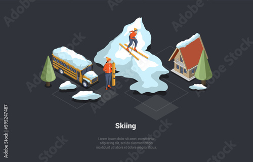 Winter Holidays, Family Christmas And New Year Vacations. Characters Are Skiing Downhill. Professional Mountans Ski Competitions Or Skiing In Forest Near School Bus. Isometric 3D Vector Illustration