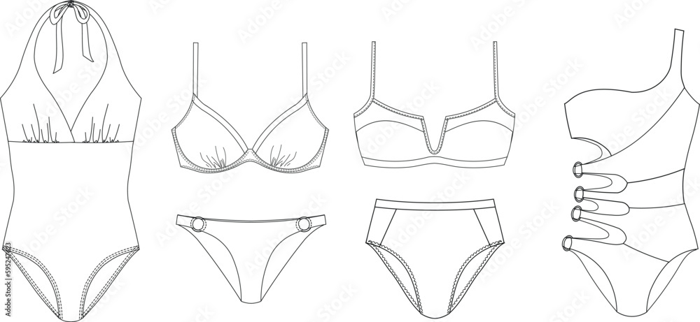 Fototapeta premium Woman sustainable swimwear, technical drawing, template, sketch, flat, mock up. Recycled PA, Recycled PES, Lycra fabric swimwear front view, white color