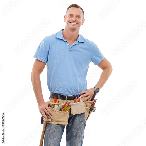 Portrait, building and PNG with an engineer man isolated on a transparent background for maintenance. Construction, diy and smile with a happy mature contractor or handyman working on a labor project