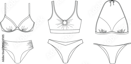 Woman sustainable swimwear, technical drawing, template, sketch, flat, mock up. Recycled PA, Recycled PES, Lycra fabric swimwear front view, white color