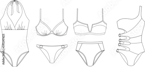 Woman sustainable swimwear, technical drawing, template, sketch, flat, mock up. Recycled PA, Recycled PES, Lycra fabric swimwear front view, white color