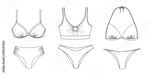 Woman sustainable swimwear, technical drawing, template, sketch, flat, mock up. Recycled PA, Recycled PES, Lycra fabric swimwear front view, white color