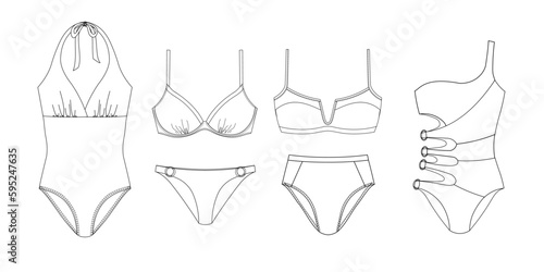 Woman sustainable swimwear, technical drawing, template, sketch, flat, mock up. Recycled PA, Recycled PES, Lycra fabric swimwear front view, white color