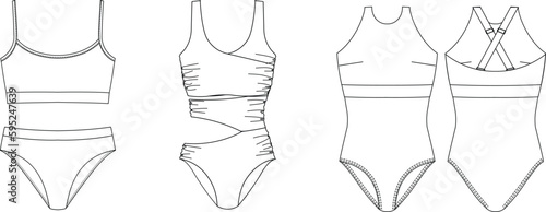 Woman sustainable swimwear, technical drawing, template, sketch, flat, mock up. Recycled PA, Recycled PES, Lycra fabric swimwear front view, white color