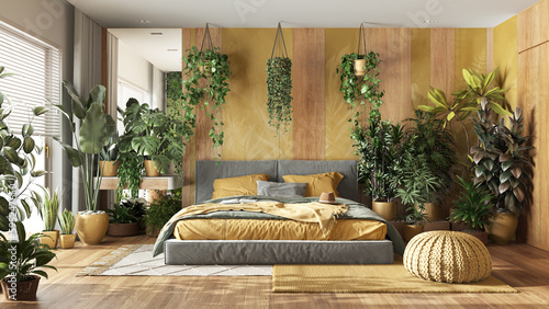 Urban jungle, modern bedroom in yellow and wooden tones. Master bed, parquet floor and decors, houseplants. Home garden interior design. Love for plants concept
