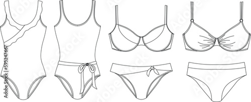 Woman sustainable swimwear, technical drawing, template, sketch, flat, mock up. Recycled PA, Recycled PES, Lycra fabric swimwear front view, white color