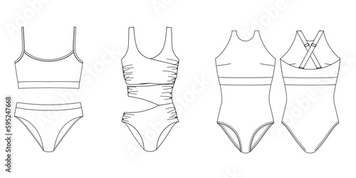 Woman sustainable swimwear, technical drawing, template, sketch, flat, mock up. Recycled PA, Recycled PES, Lycra fabric swimwear front view, white color