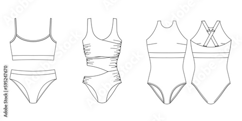 Woman sustainable swimwear, technical drawing, template, sketch, flat, mock up. Recycled PA, Recycled PES, Lycra fabric swimwear front view, white color