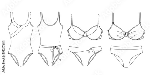 Woman sustainable swimwear, technical drawing, template, sketch, flat, mock up. Recycled PA, Recycled PES, Lycra fabric swimwear front view, white color