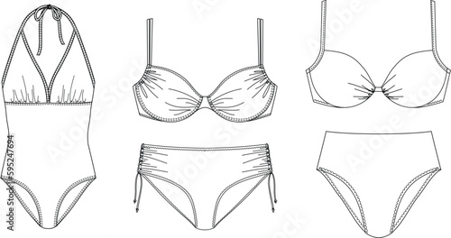Woman sustainable swimwear, technical drawing, template, sketch, flat, mock up. Recycled PA, Recycled PES, Lycra fabric swimwear front view, white color