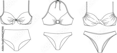 Woman sustainable swimwear, technical drawing, template, sketch, flat, mock up. Recycled PA, Recycled PES, Lycra fabric swimwear front view, white color