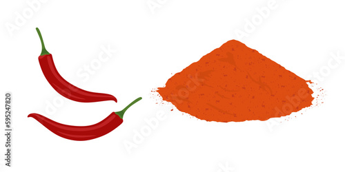 Red hot chili pepper flat illustration. Heap of chili pepper seasoning. Heap of red hot pepper powder. Design for grocery, culinary products, seasoning and spice package, recipe web site. Vector