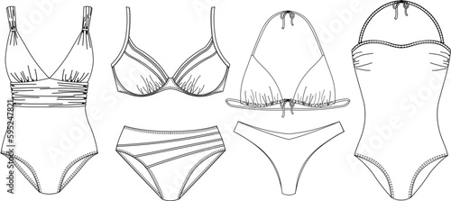 Woman sustainable swimwear, technical drawing, template, sketch, flat, mock up. Recycled PA, Recycled PES, Lycra fabric swimwear front view, white color