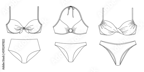 Woman sustainable swimwear, technical drawing, template, sketch, flat, mock up. Recycled PA, Recycled PES, Lycra fabric swimwear front view, white color