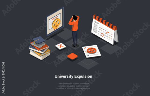 Univercity Expulsion Concept. Confused Student Holding His Head Standing In Front Of Exam Results. Boy Failed Test And Was Removal From School or University. Isometric 3D Cartoon Vector Illustration