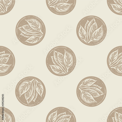 Hand carved botanical leaf in lino cut scandi style seamless vector pattern. Rustic foliate graphic design background. 