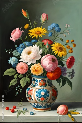 Bohemian flower arrangement in a stylish vase, Generative AI © nali