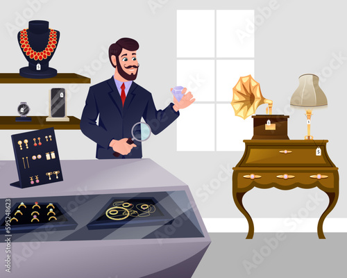 Pawn shop collection. Cartoon pawnbroker sells jewelry collection to customer, store interior. Pawnshop services. Customers Buy and Sell Precious Metals Jewels