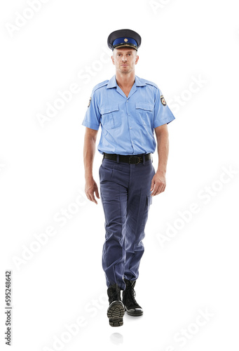 Fotografía Police man, portrait and officer walking isolated on a transparent png background