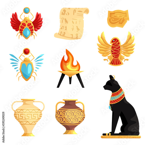 Set of isolated egyptian or Egypt symbols. Ancient egypt mural. Egyptian mythology.
