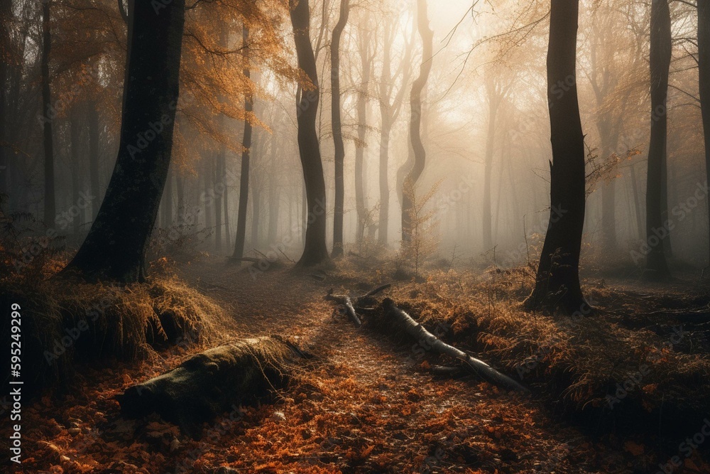 misty autumn forest. Generative AI
