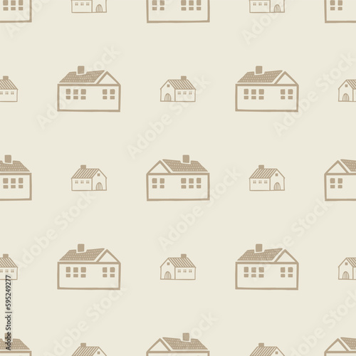 Whimsical house in gender neutral vector pattern. Rustic organic domestic street on seamless background.