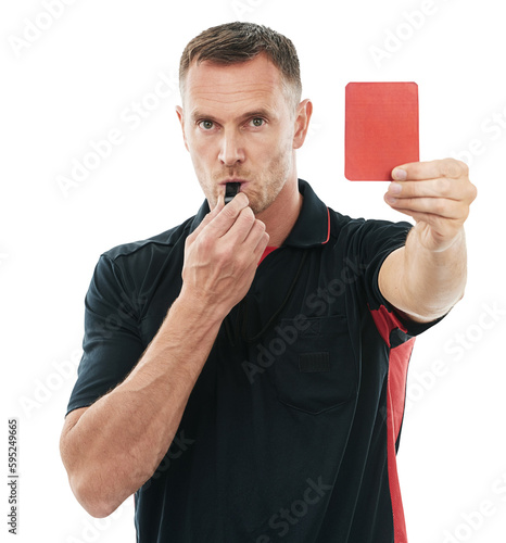 Tableau sur toile Portrait, whistle and red card with a man referee isolated on a transparent background for sports control