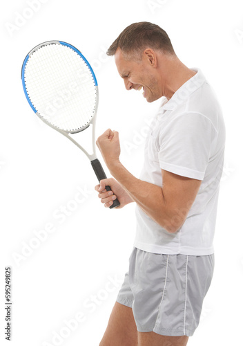 Tennis player, fist celebration and winner man with racket for game, match or training by transparent png background. Isolated guy, sport and winning in competition, contest or tournament with pride © Harsh/peopleimages.com