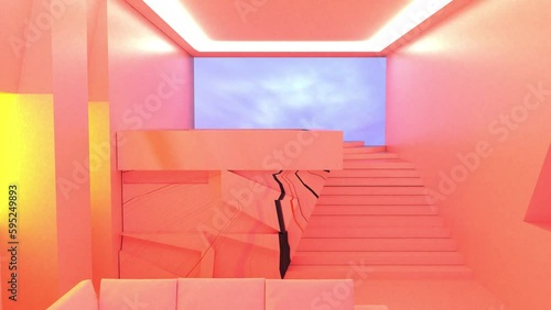 3D animation of an abstract, architectural, surreal, empty room with a swimming pool upstairs, modern design, dreamlike environment, illuminated with bright orange lights & pinkish color tones.  (ID: 595249893)