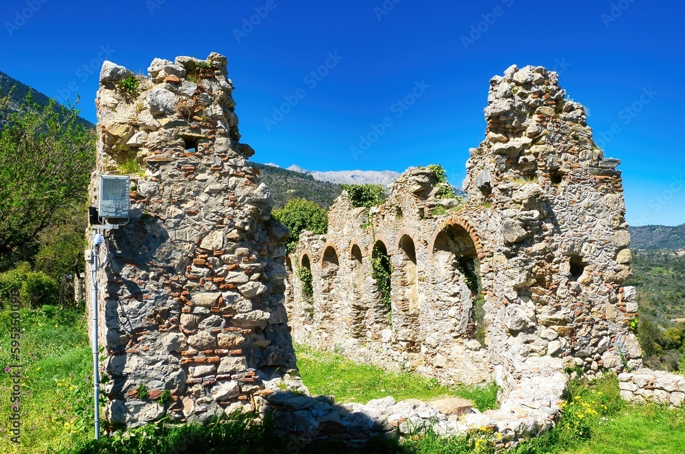 Beautiful shot of the historic ruins of a Byzantine Church in medieval city of Mystras,Greece