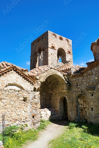 Beautiful shot of the historic ruins of a Byzantine Church in medieval city of Mystras,Greece