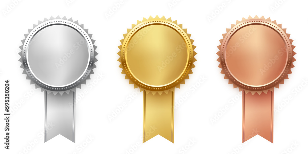 Gold, silver and bronze medals with ribbon set, trophy metal reward badges for winners Gold, silver and bronze medals with ribbon set, trophy metal reward badges for winners