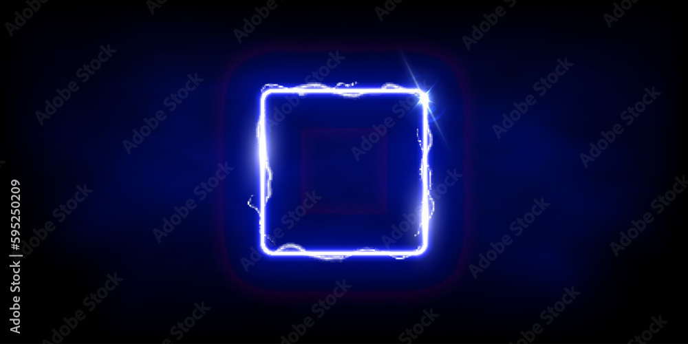 Magic blue square of thunder storm blue lightnings. Magic and bright light effects electric border. Plasma frame with thunderbolt electricity lightning power effect on dark fog background - obrazy, fototapety, plakaty 