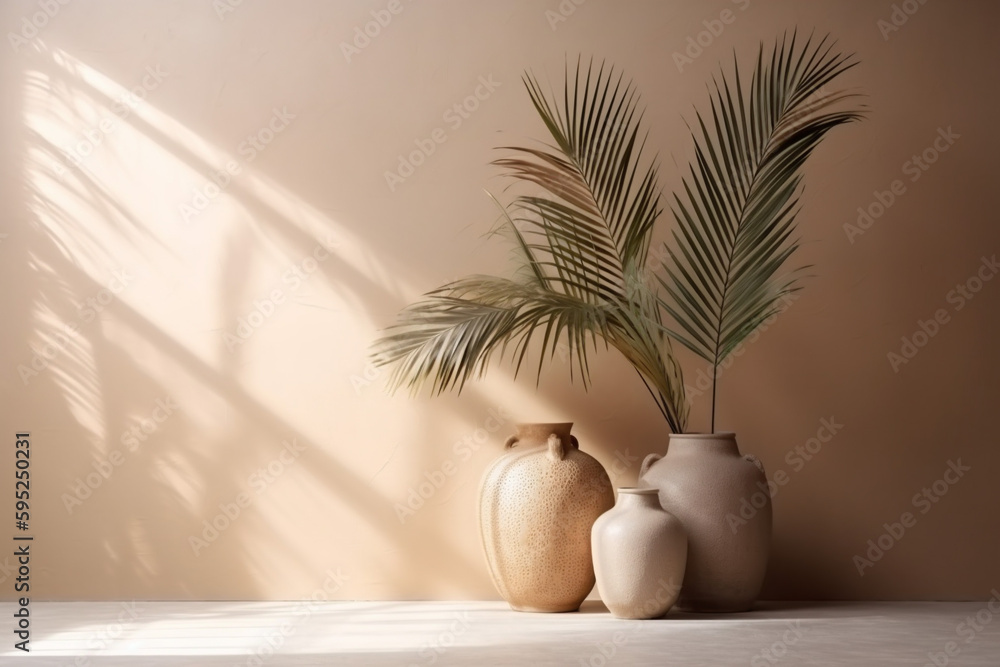 concrete interior beige sunlight wall vase ceramic home decor shadows design. Generative AI.