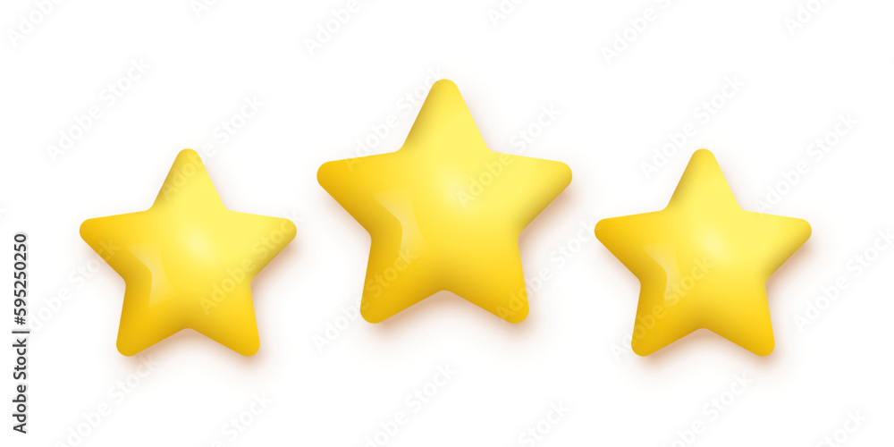 3 yellow stars for product review vector illustration. 3d three gold ranking symbols in row for feedback, satisfaction opinion on website service or mobile app isolated on white background 3 yellow stars for product review vector illustration. 3d three gold ranking symbols in row for feedback, satisfaction opinion on website service or mobile app isolated on white background