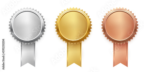 Gold, silver and bronze medals with ribbon set, trophy metal reward badges for winners