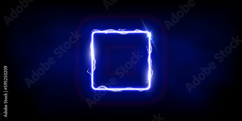 Magic blue square of thunder storm blue lightnings. Magic and bright light effects electric border. Plasma frame with thunderbolt electricity lightning power effect on dark fog background