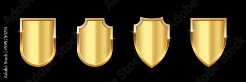 Gold shield set, realistic isolated golden trophy, 3d luxury safety protection emblems on black background