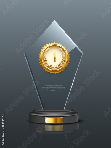 Glass champion award realistic vector illustration. Crystal prize with blank golden medals 3D isolated clipart on gray background. Competition winner reward. Trophy design element