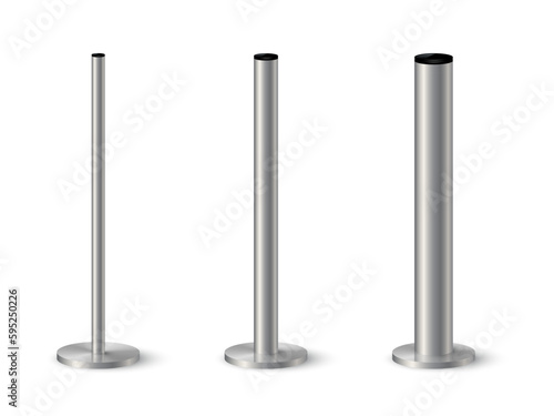 3d metal pole signpost on base vector illustrations set. Realistic grey steel, iron or chrome pillars with polished surface, vertical different diameter cylinder pipe holders for board or flag