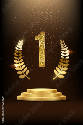 Winners podium with golden number one and laurel wreath with glitter light effect vector illustration. 3D realistic gold confetti and illumination fall on pedestal to celebrate first place of champion