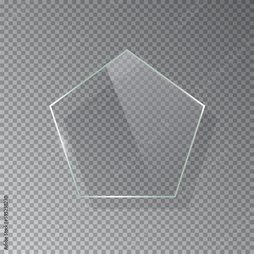 Realistic 3d pentagon glass frame isolated on grey transparent background. Creative border plate object, framework