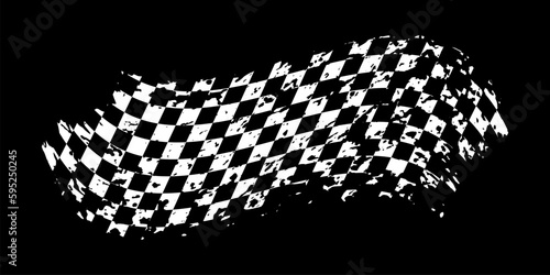 Grunge waing car race flag with scratches vector illustration. White checkered pattern of start and finish of auto rally and motocross, banner for karting sport, championship trophy on black