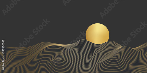 Gold sand dunes, line geometric landscape vector illustration. Abstract minimal zen pattern of waves or peaceful hills under sun, natural panorama with golden luxury texture on black background